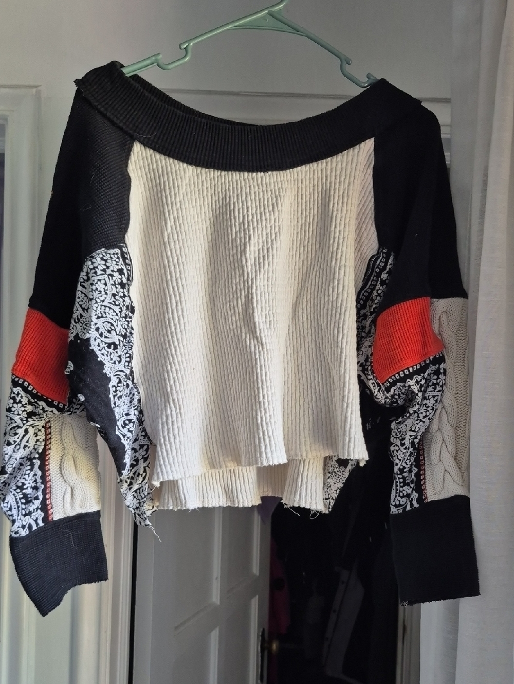 Free People Cropped Mixed-Knit Sweater in Black, White & Red